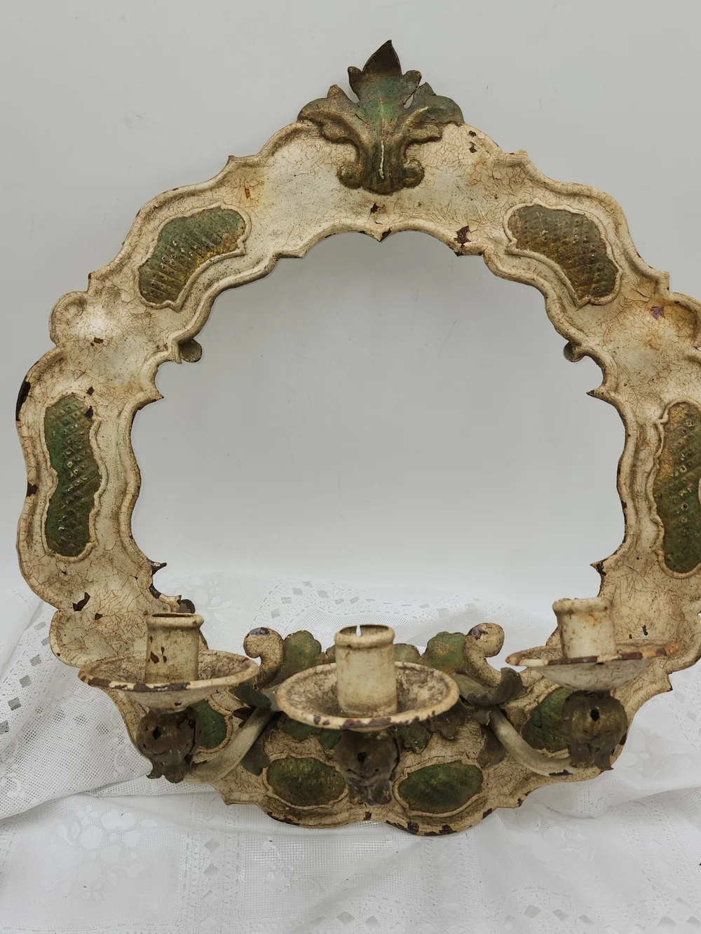 Vintage Antique Cream Metal Wall Sconce Wreath  Taper Candle Distressed 18